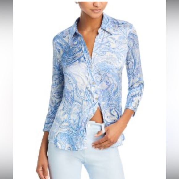 Joie Paisley Blue/White Blouse Button Front Sz Large Satiny - Picture 4 of 11